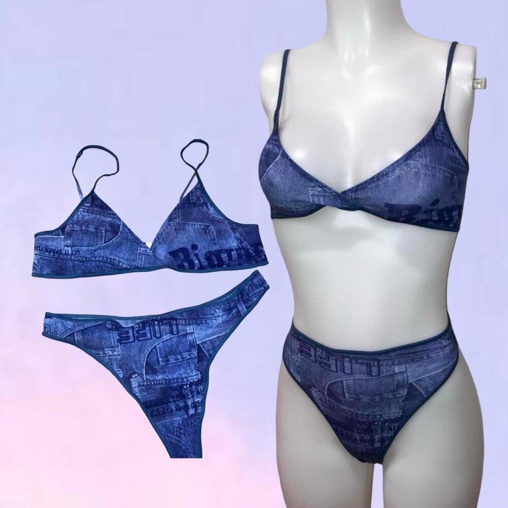 Vintage 90s y2k mesh denim lingerie panty set